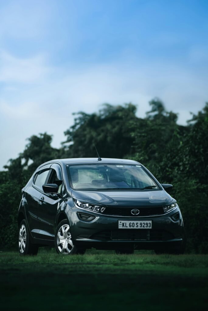 A sleek black car is parked on a green lawn under a clear sky, showcasing modern design and elegance.
