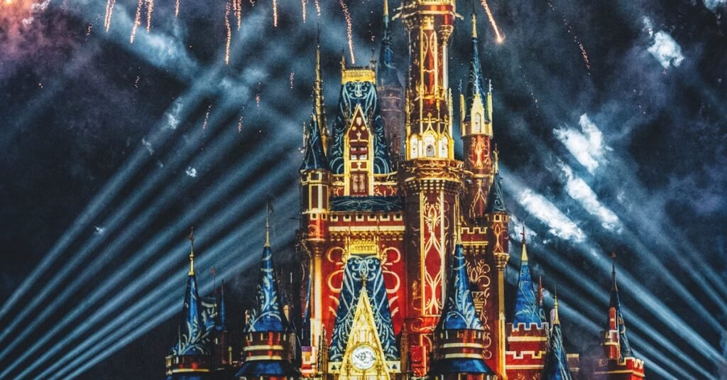 Stunning night view of an illuminated castle with fireworks display.